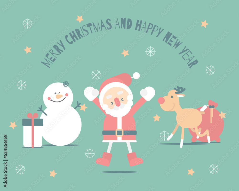 merry christmas and happy new year with cute santa claus, snowflake, star, reindeer, snowman in the winter season green background, flat vector illustration cartoon character costume design merry christmas and happy new year with cute santa claus, snowflake, star, reindeer, snowman in the winter season green background, flat vector illustration cartoon character costume design