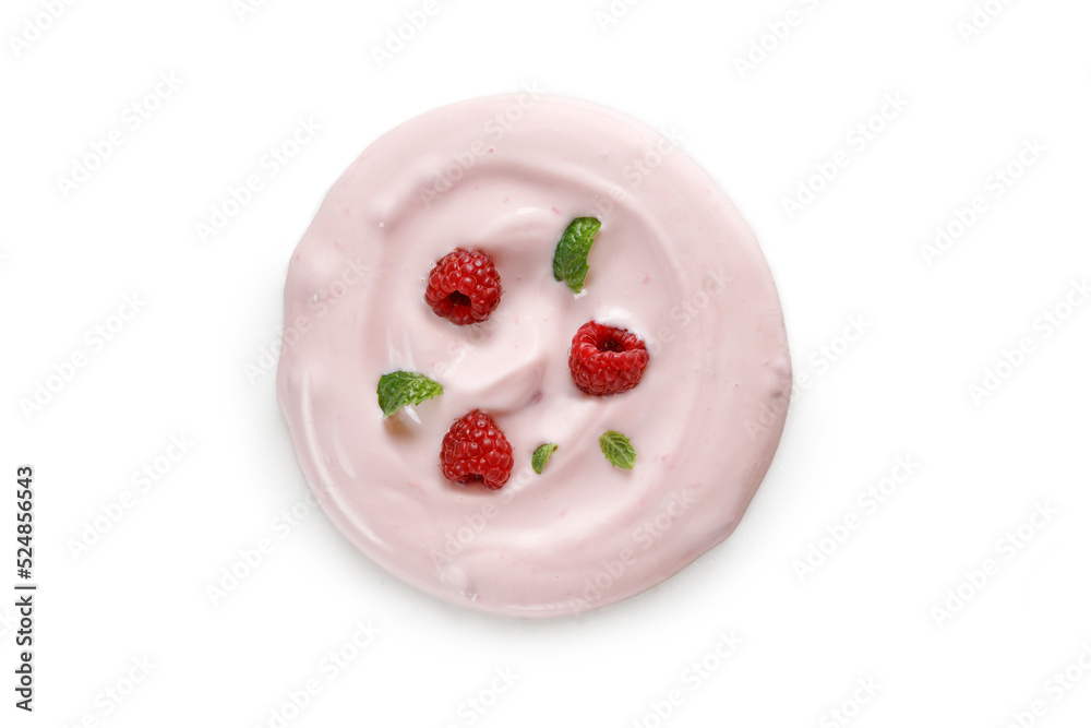 Curl of Yogurt. Pink nature yogurt, sour cream, ice cream. Yogurt with raspberries and mint. Delicious liquid Texture. Curl of Yogurt. Pink nature yogurt, sour cream, ice cream. Yogurt with raspberries and mint. Delicious liquid Texture.