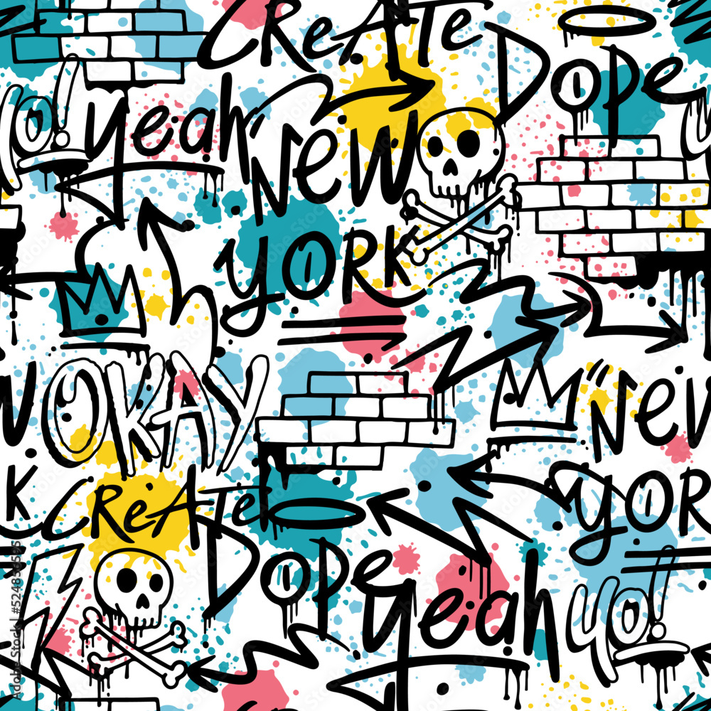 Fototapeta premium Hand-drawn vector graffiti seamless pattern. Graffiti pattern background. Graffiti doodle illustrations. 