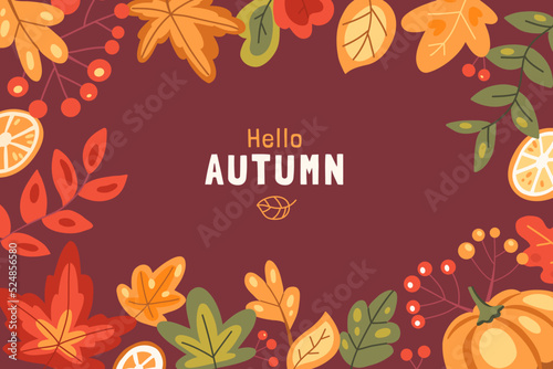 Autumn background with fall leaves and berries. Harvest season. Warm hygge aesthetics. Thanksgiving day decoration. Cute dark colorful texture. Flat cartoon hand-drawn style