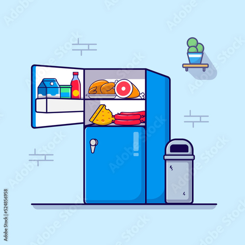 Open Refrigerator fridge set with food and drink illustration vector isolated flat design