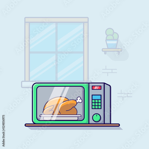 Microwave oven with food inside kitchen set illustration vector isolated flat design