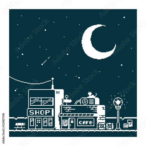 Black and white simple vector 1bit pixel art illustration of night street with a cafe and a shop in the style of old arcade games