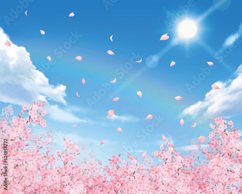 シャボン玉と美しい桜の花びら舞い散る春の爽やか青空に光差し込む虹入りフレーム背景ベクター素材イラスト