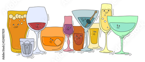 Beer vodka red wine whiskey liquor rum martini tequila champagne vermouth glassware with smile face on white background. Cartoon sketch. Doodle style with black contour line. Cute hand drawn glass