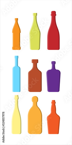 Set drinks. Alcoholic bottle. Beer vermouth red wine vodka rum liquor champagne tequila whiskey. Simple shape isolated with shadow and light. Colored illustration on white background. Flat design