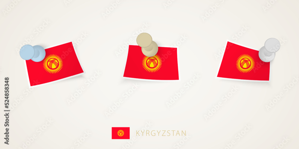 Pinned flag of Kyrgyzstan in different shapes with twisted corners. Vector pushpins top view.