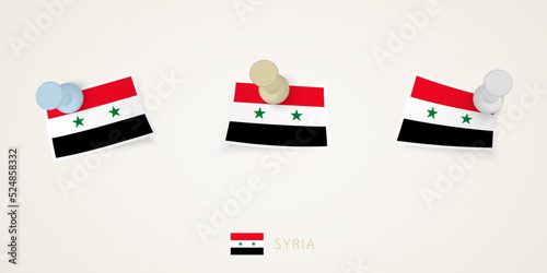 Pinned flag of Syria in different shapes with twisted corners. Vector pushpins top view.