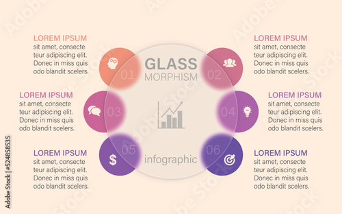 Infographic for 6 options, vector gradient design with realistic frosted glass, glassmorphism effect