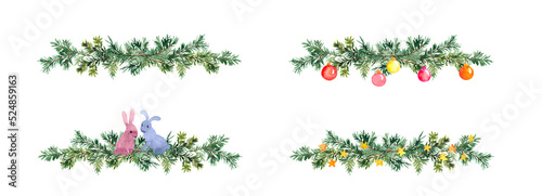 Christmas tree branch bauble balls, new tear set isolated