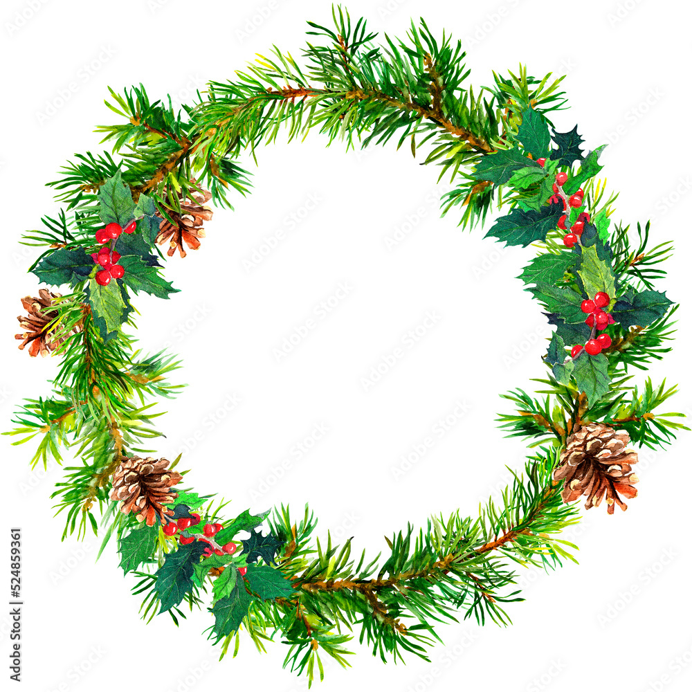 Christmas wreath - fir tree and mistletoe. Watercolor Christmas wreath - fir tree and mistletoe. Watercolor