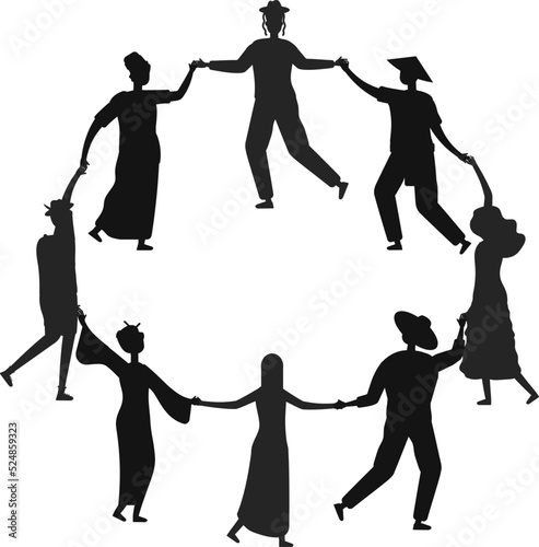 People round dance adults friends circle dancing Vector Silhouettes