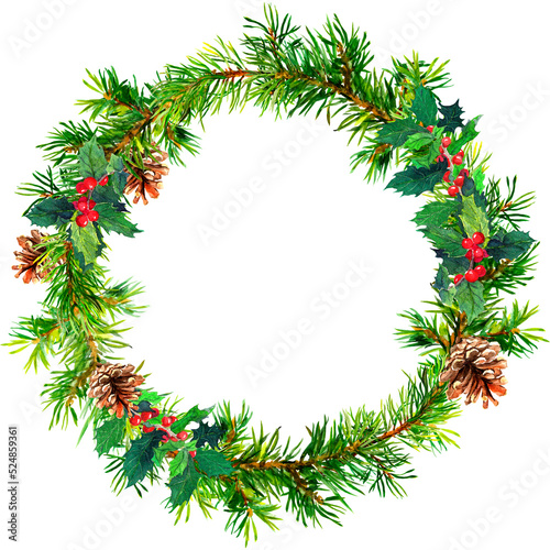 Christmas wreath - fir tree and mistletoe. Watercolor