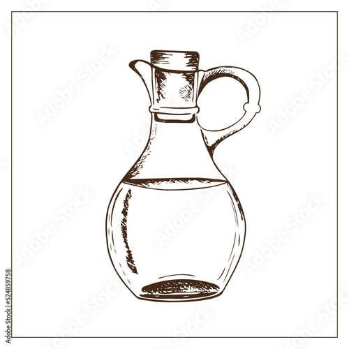 Jar with liquid inside. Hand-drawn realistic illustration of a jar. Jar of oil, medicine, water, vinegar. Kitchen utensils, tableware, cookware.