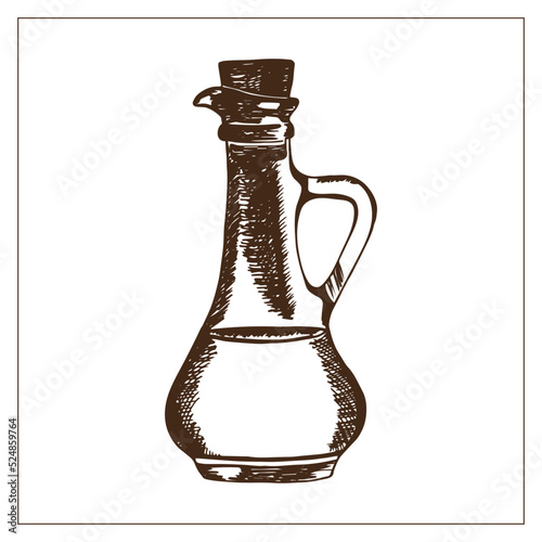 A pitcher with liquid inside. Hand-drawn realistic illustration of a jar. Jar of oil.