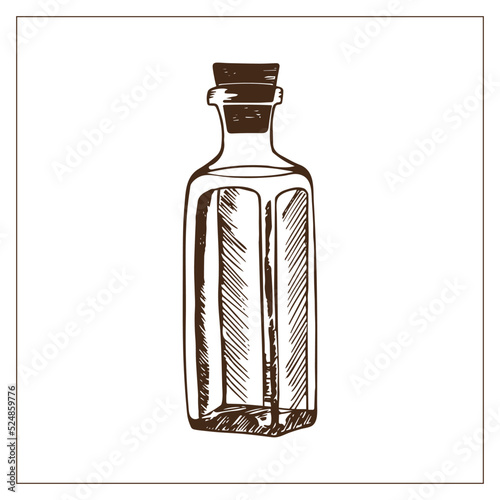 Bottle with liquid inside. Hand-drawn illustration of a bottle. Bottle of oil.