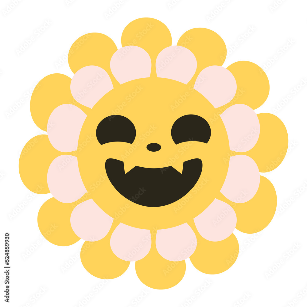 Spooky retro daisy flower with carved pumpkin style face with smile, scary funny emotion. Groovy retro y2k Halloween clip art design element, t shirt print. Spooky retro daisy flower with carved pumpkin style face with smile, scary funny emotion. Groovy retro y2k Halloween clip art design element, t shirt print.