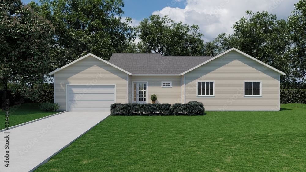Beautiful house with white siding. 3D rendering of a house with a landscape. Beautiful house with white siding. 3D rendering of a house with a landscape.