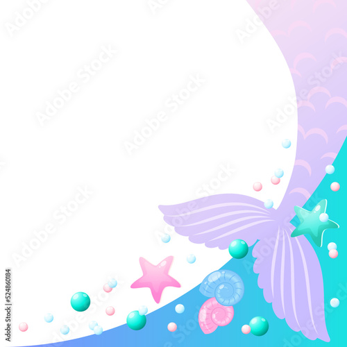 Under the sea frame. Cute background decorated with of mermaid tails, shell, pearls and star fish. Vector 10 EPS.
