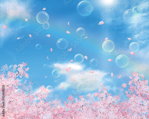 シャボン玉と美しい桜の花びら舞い散る春の爽やか青空に光差し込む虹入りフレーム背景ベクター素材イラスト