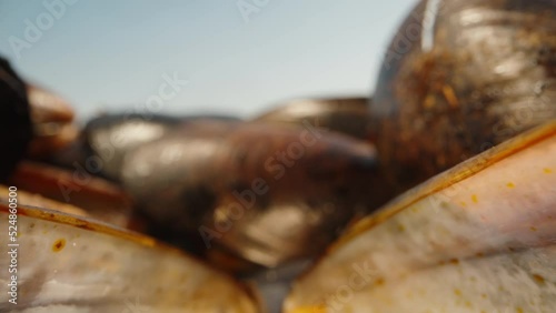 Mussels close-up, the camera passes inside an open shell, squeezing out a lemon.