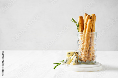 Fotobehang Grissini staing in glass with blue cheese, bread stick, italian traditional cuis