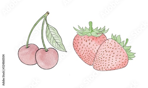 Fruit set: ripe cherries and juicy strawberries hand-drawn watercolor illustr...