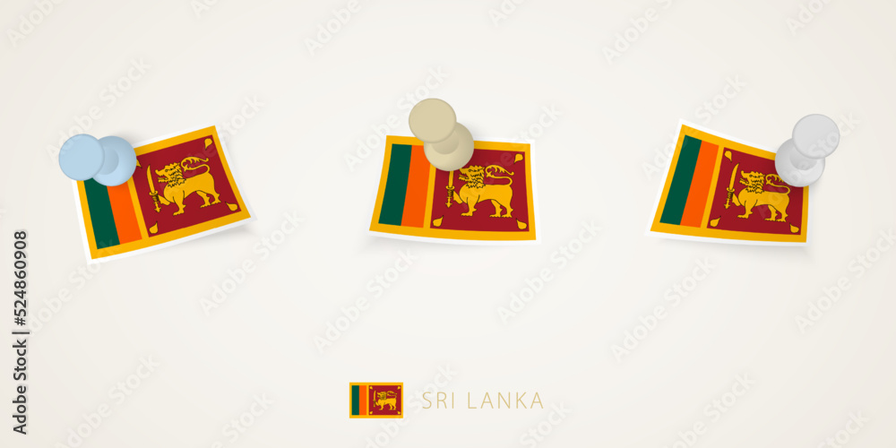 Pinned flag of Sri Lanka in different shapes with twisted corners. Vector pushpins top view.