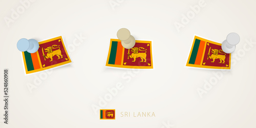 Pinned flag of Sri Lanka in different shapes with twisted corners. Vector pushpins top view.