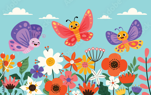 Print op canvas Flat Drawing Of Colorful Butterflies