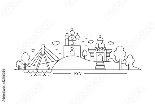 Panorama of Kyiv, the main sights of the capital of Ukraine, flat vector, isolated on white, line art, inscription Kyiv, the city is located on the hills