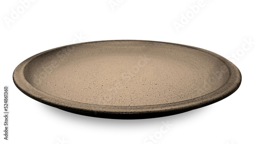 Brown circle ceramics plate isolated on white background.