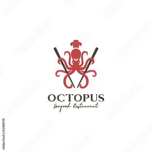 Octopus illustration with chopsticks icon logo