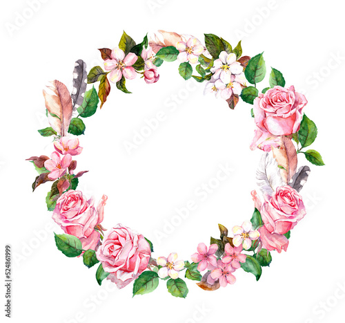 Rose flower wreath with feathers. Floral circle border. Watercolor © zzorik