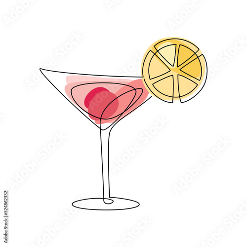 Cocktail with lemon slice vector one line continuous drawing illustration. Hand drawn linear silhouette icon. Minimal design element for print, banner, card, wall art poster, brochure, postcard.
