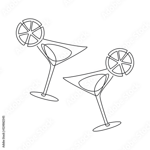Two cocktail glasses with lemon slice vector one line continuous drawing illustration. Hand drawn linear silhouette icon. Minimal design element for print, banner, card, wall art poster, menu.
