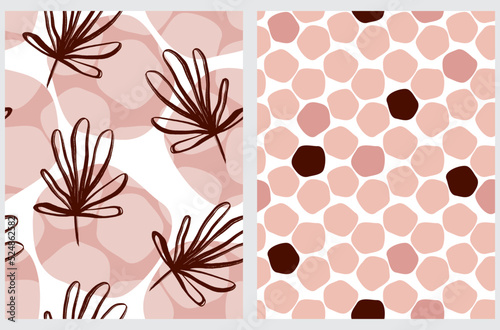 Simple Hand Drawn Irregular Floral and Geometric Vector Patterns. Brown, White and Pastel Pink Dots and Tropical Leaves on a White Background. Infantile Style Abstract Dotted Vector Print.