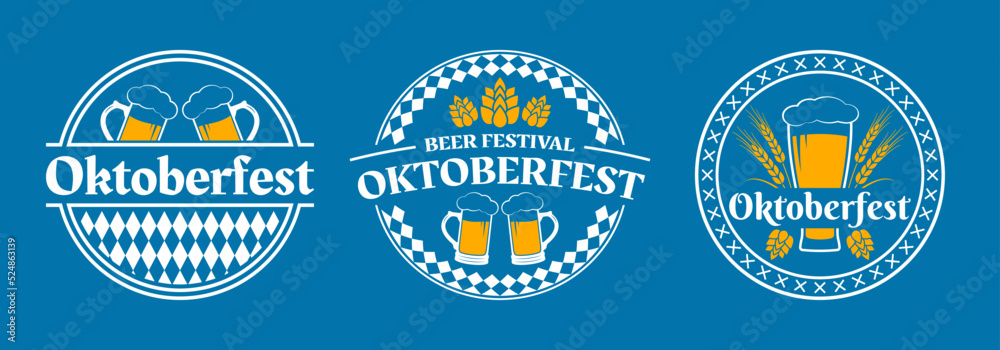 Oktoberfest logo or label set. Beer fest round badges with mug icons. German, Bavarian October festival design elements. Vector illustration.