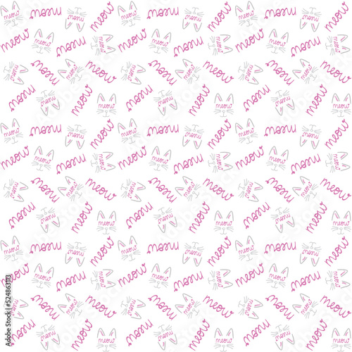 Seamless repeat pattern of cat outline with whiskers and handwritten text meow in pink and grey colors