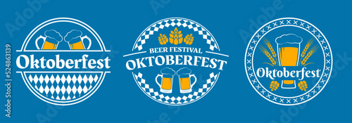 Oktoberfest logo or label set. Beer fest round badges with mug icons. German, Bavarian October festival design elements. Vector illustration.