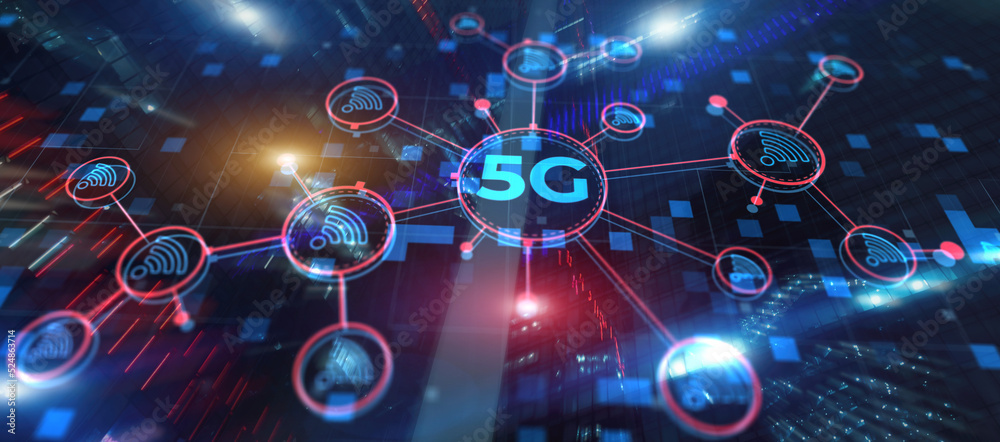 5G network digital hologram. High-speed mobile and internet on city background
