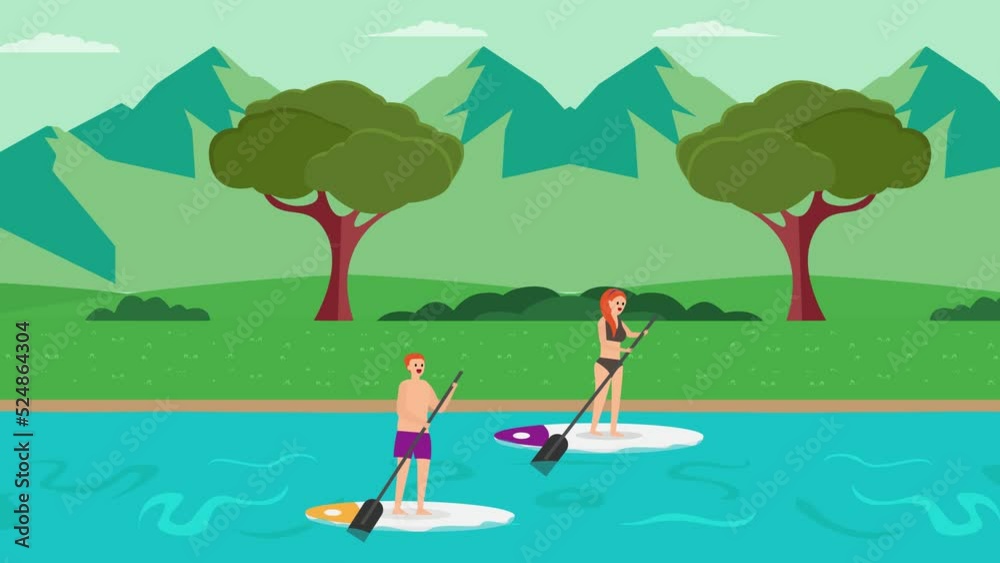 Young couple riding paddle board near mountain Young couple riding paddle board near mountain