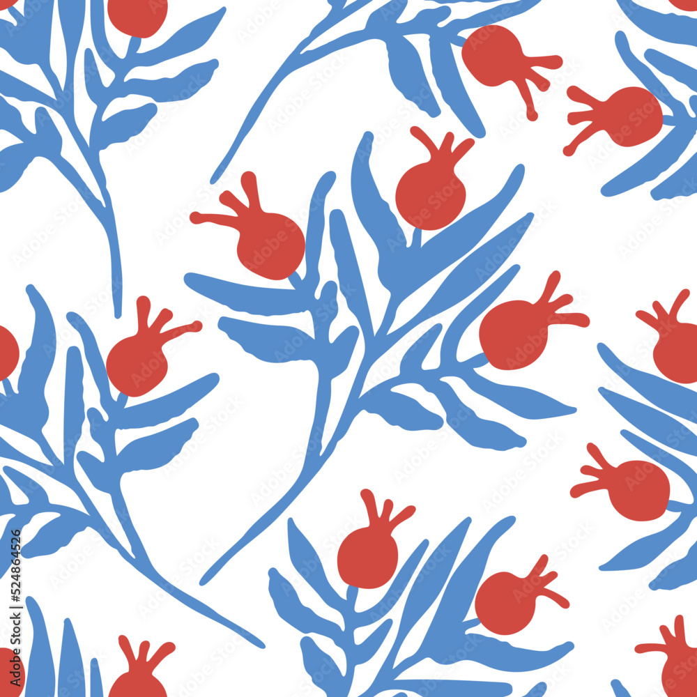 Retro illustration for fabric design with pomegranates. Natural background. Vector design illustration. Seamless pattern. Botanical texture pattern. Vector drawing. Spring decoration.