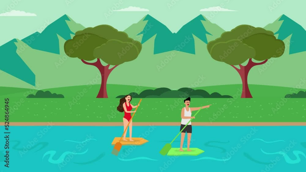 Happy couple riding paddle board near mountain Happy couple riding paddle board near mountain