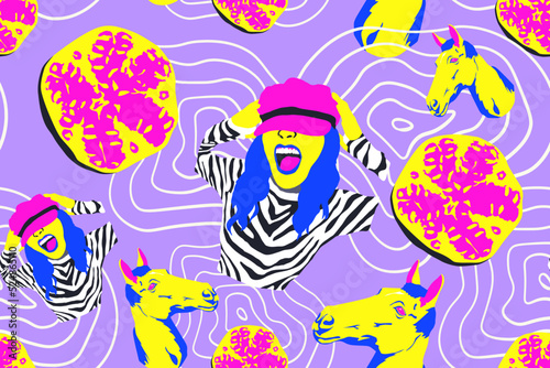 fashion minimal illustration disco clubbing girl seamless pattern