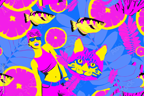 fashion minimal illustration disco clubbing girl seamless pattern