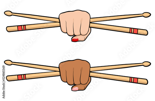 Female hand holding drumsticks, Woman hand with drumsticks, Drummer girl vector illustration