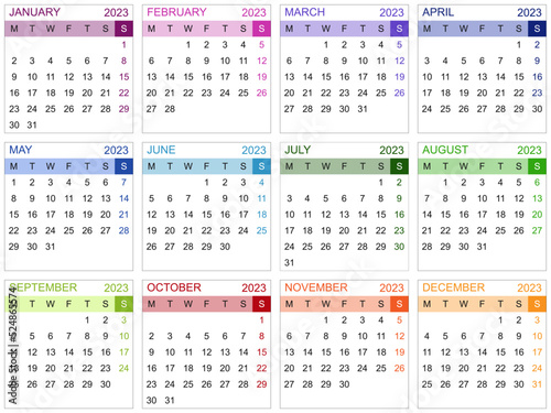 Modèle de calendrier 2023 pour agenda, planning, organiseur avec textes en anglais - textes vectorisés et non vectorisés sur calques séparés