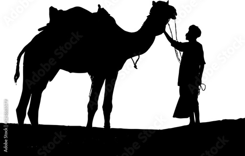 Camel in desert with Rajasthan Man silhouette, Camel with turban man sketch drawing, line art vector illustration of camel in desert