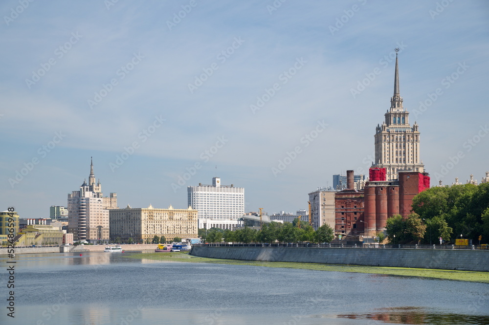 Moscow, Russia - August 12, 2022: Summer view of Taras Shevchenko Embankment and the Government House of the Russian Federation